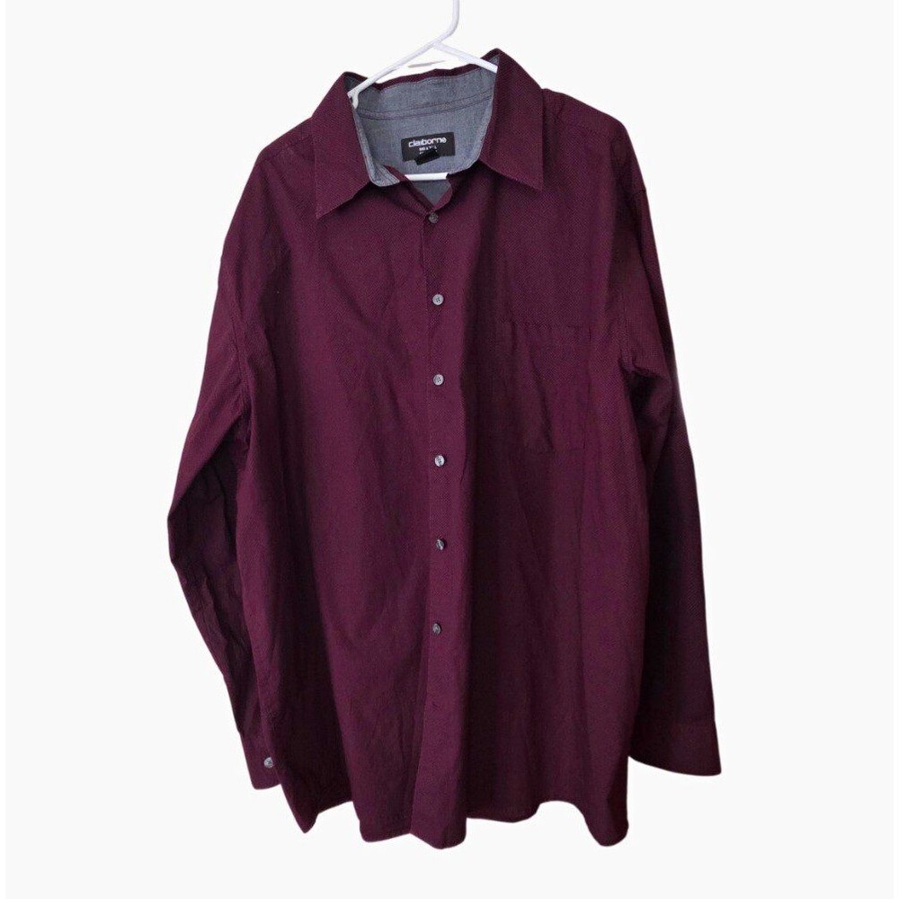 Claiborne Men's Micro Dot Button-Up Shirt Long Sleeve Point Collar Burgundy 2XL